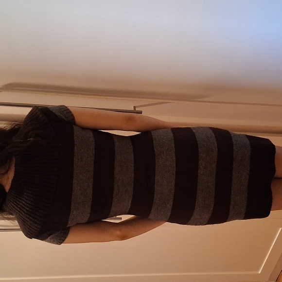 Love Rocks Cowl Neck Striped Short Sleeve Knit Sweater Dress - Picture 2 of 4